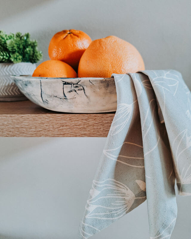French Countryside Blossoms Dove Blue Tea Towel with fruit