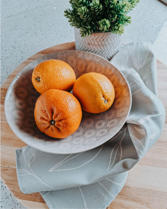 French Countryside Blossoms Dove Blue Tea Towel with oranges
